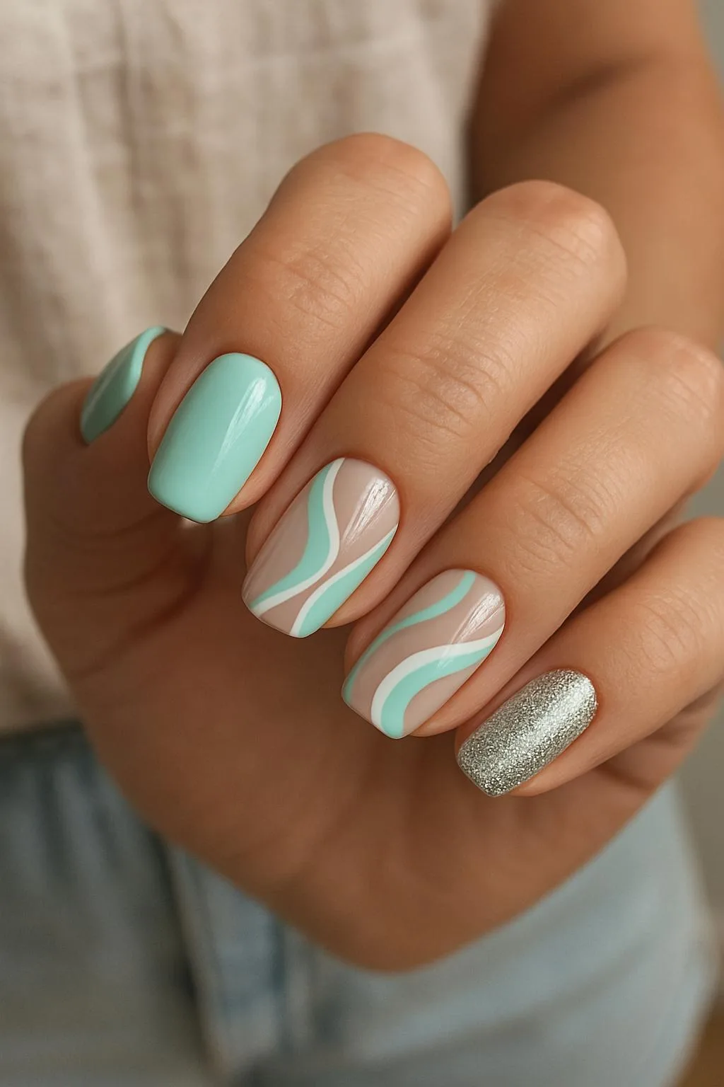 Mint green and silver nail design with wavy accents