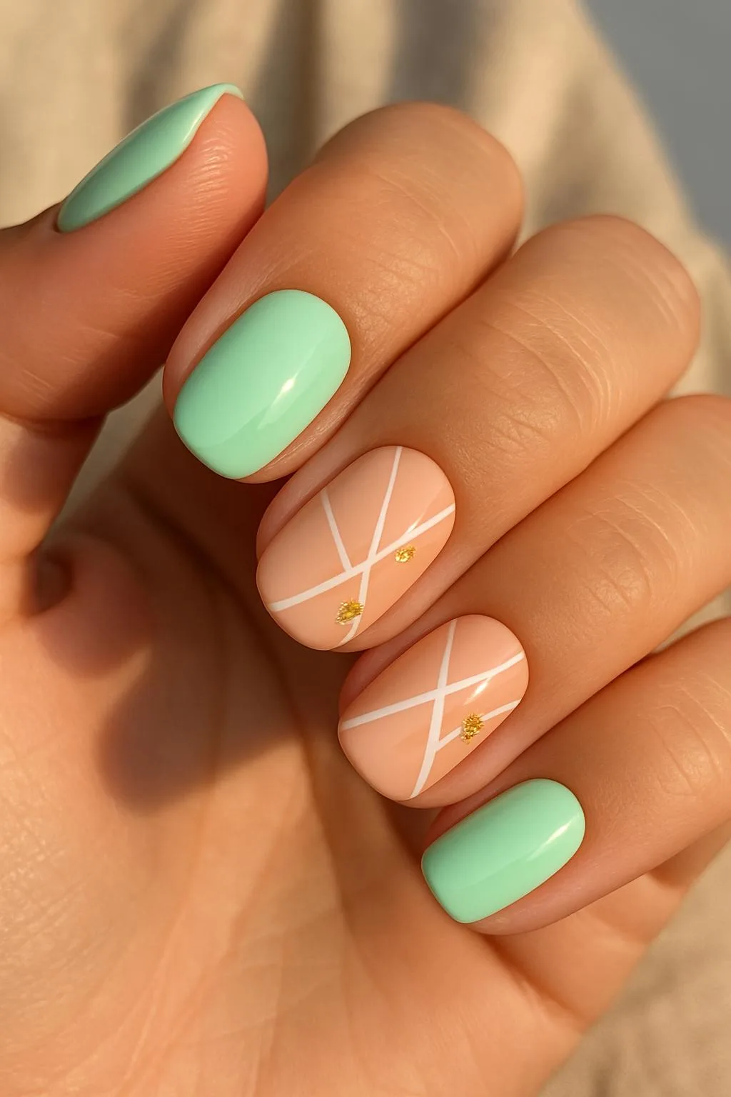 Pastel green and peach nails with white lines and gold dots