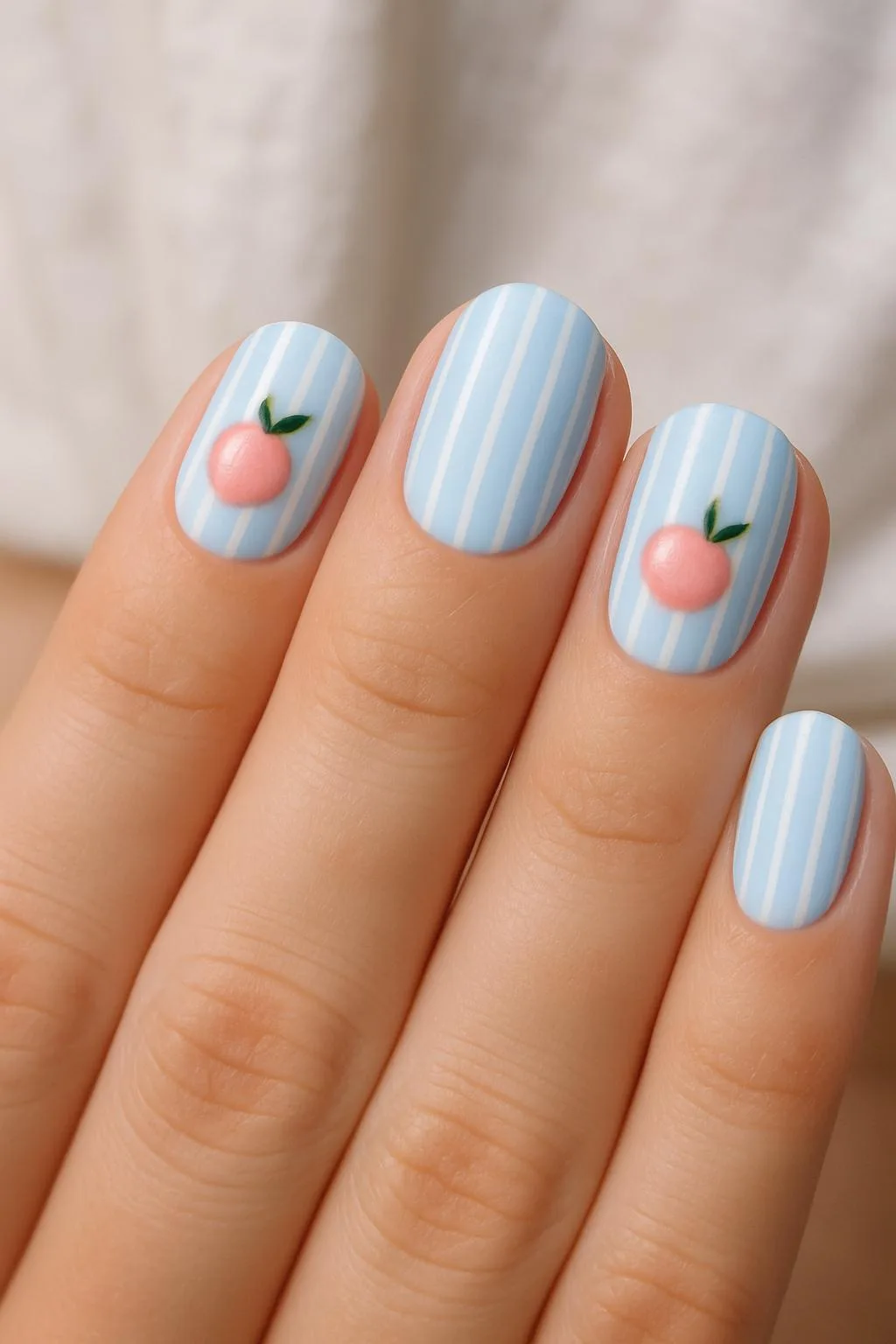 Blue and white striped summer nails with cute peach art