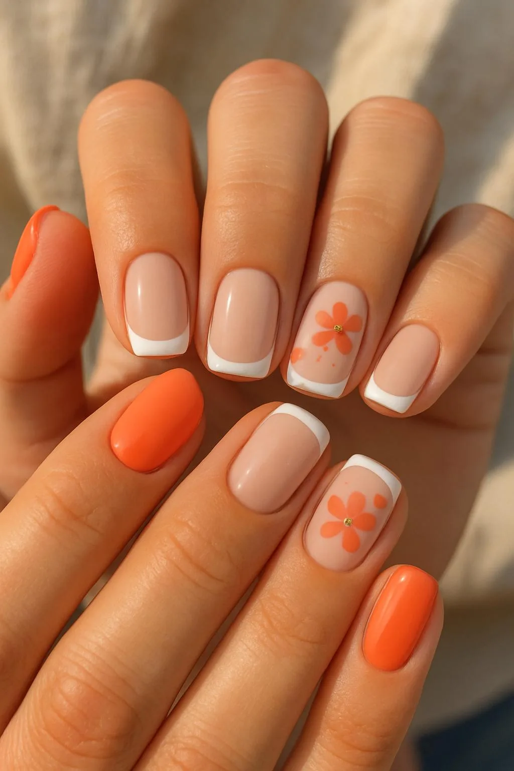 White French tips, bold orange accent nails, and floral nail art