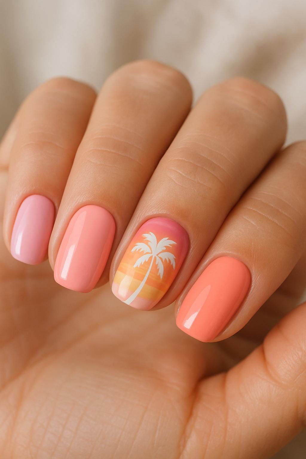 Peachy pink nails with a palm tree accent