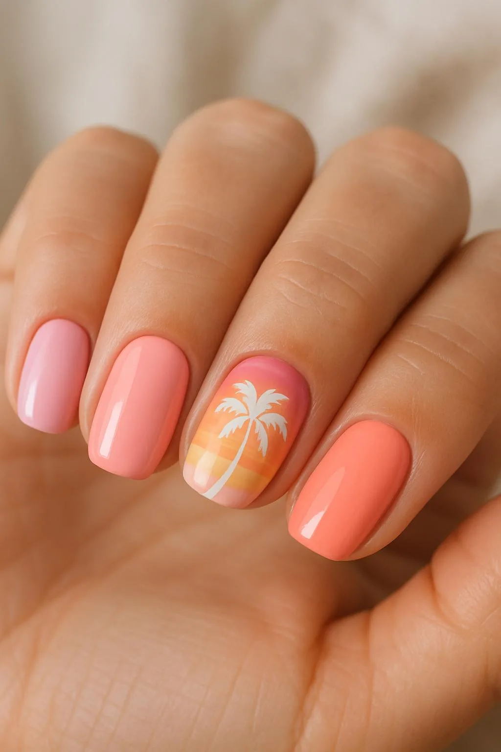 Peachy pink nails with a palm tree accent