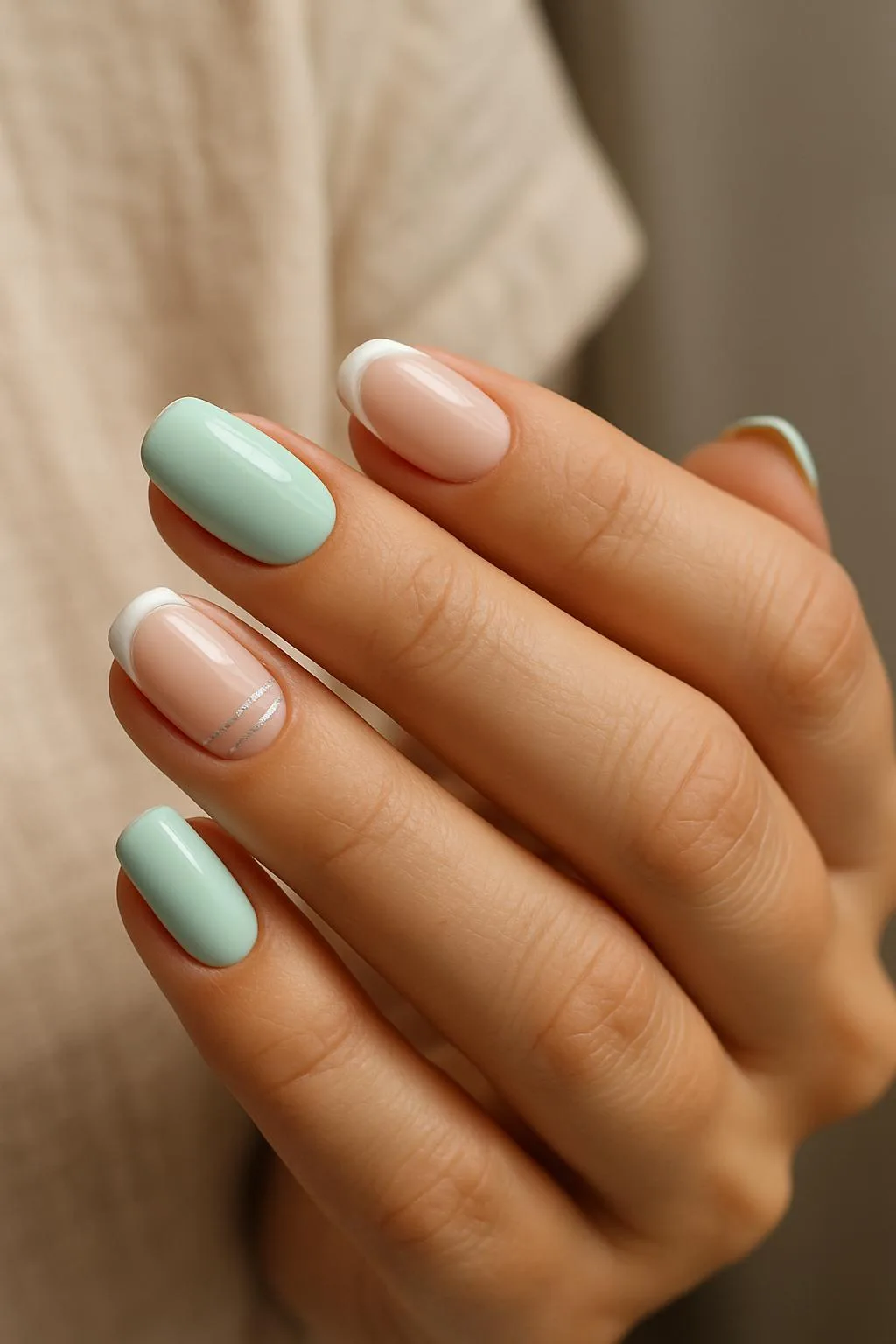 Mint green and nude pink nails with white French tips and silver accent lines