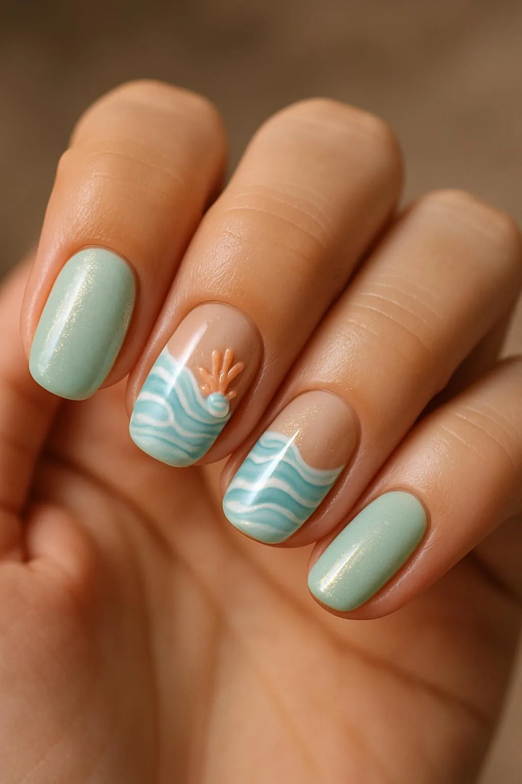 Mint nails with aqua waves and a tiny coral and pearl accent
