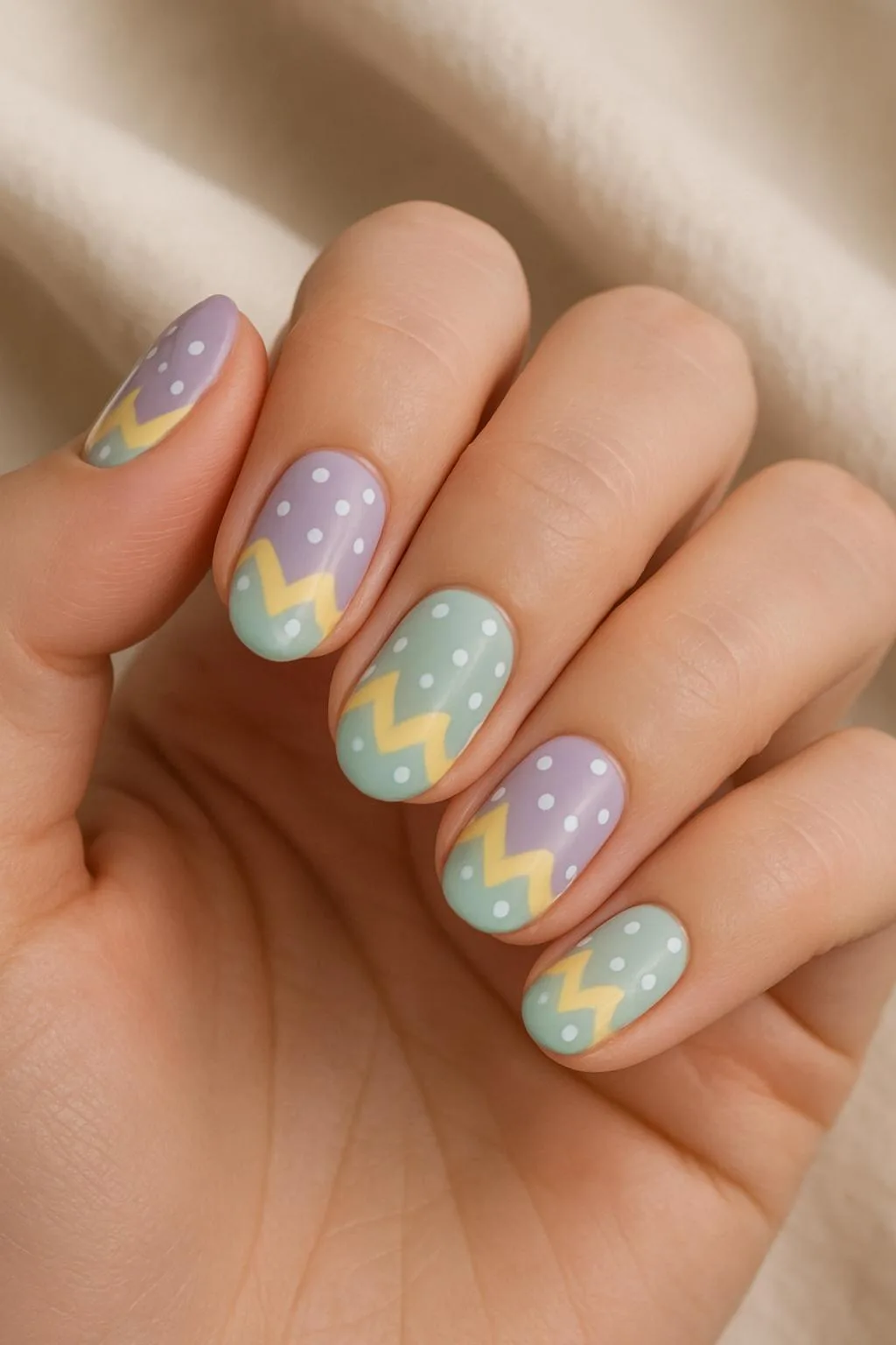 Pastel nails with zigzag patterns and white polka dots
