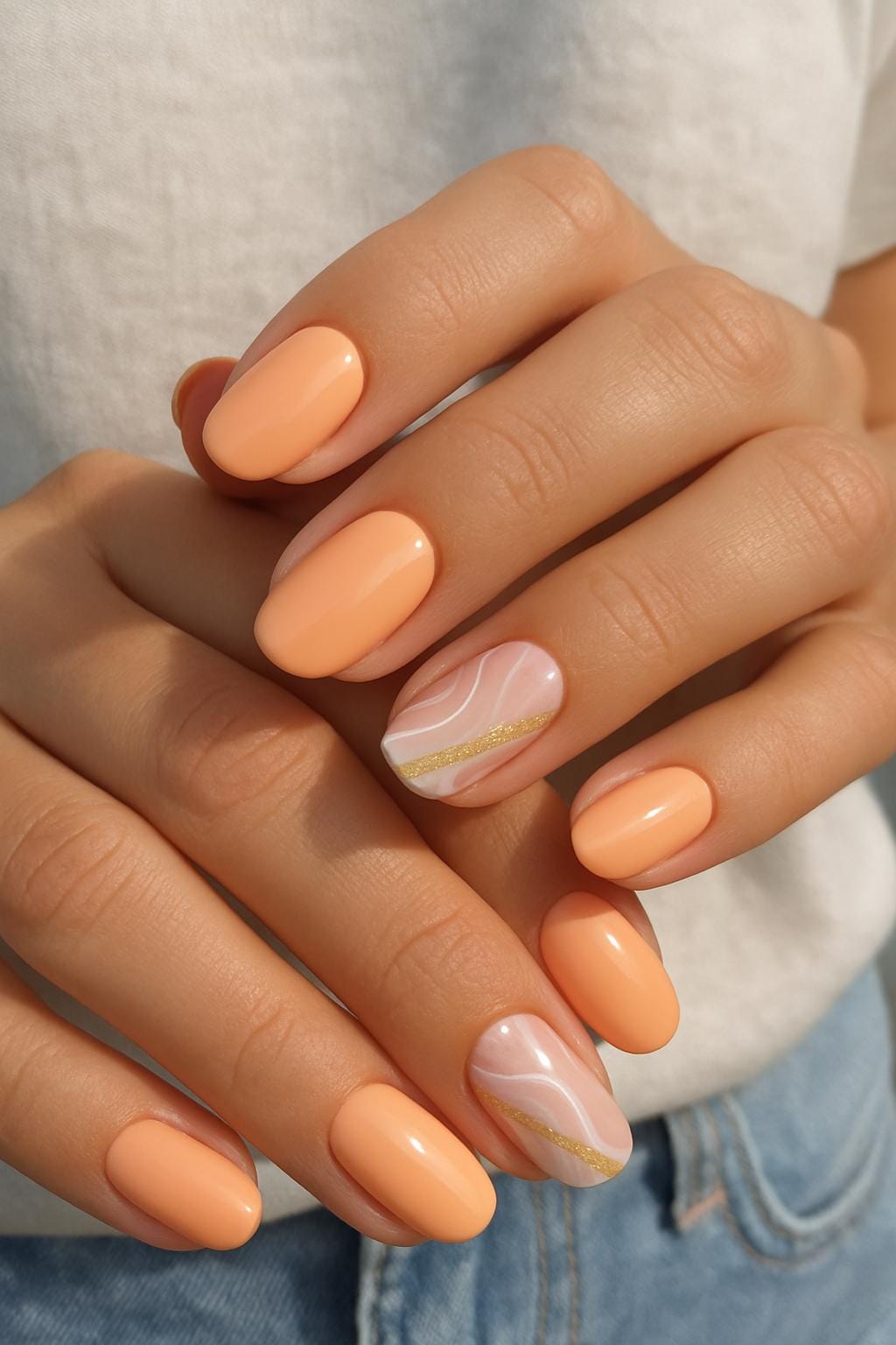 Peach-toned nails with gold-accented abstract tips