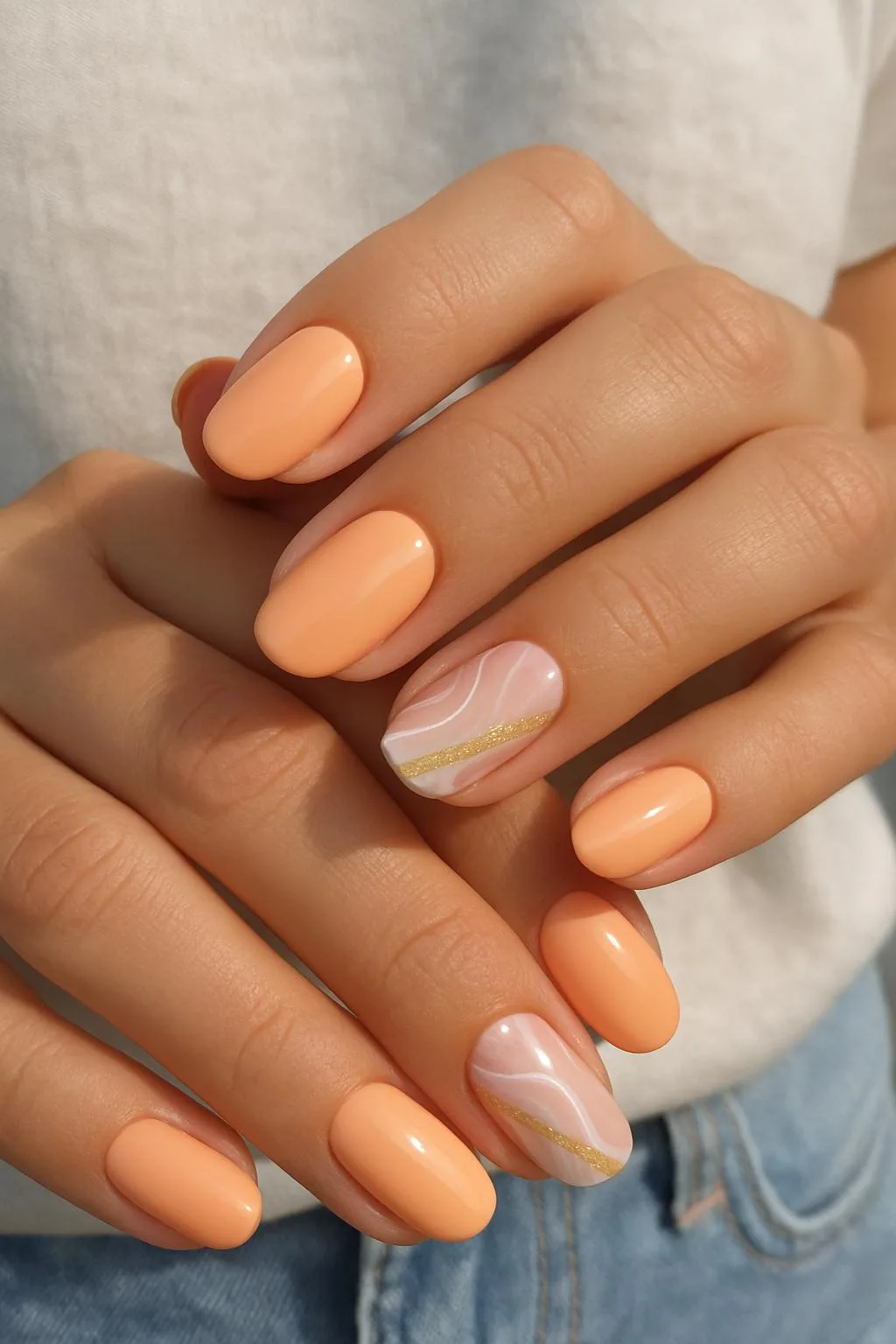 Peach-toned nails with gold-accented abstract tips