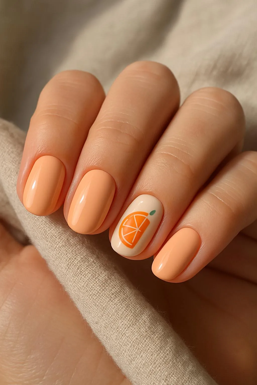 Peach-toned nails with orange fruit accent