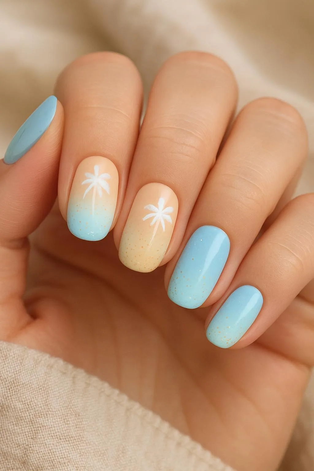 Blue and nude nails with palm tree art