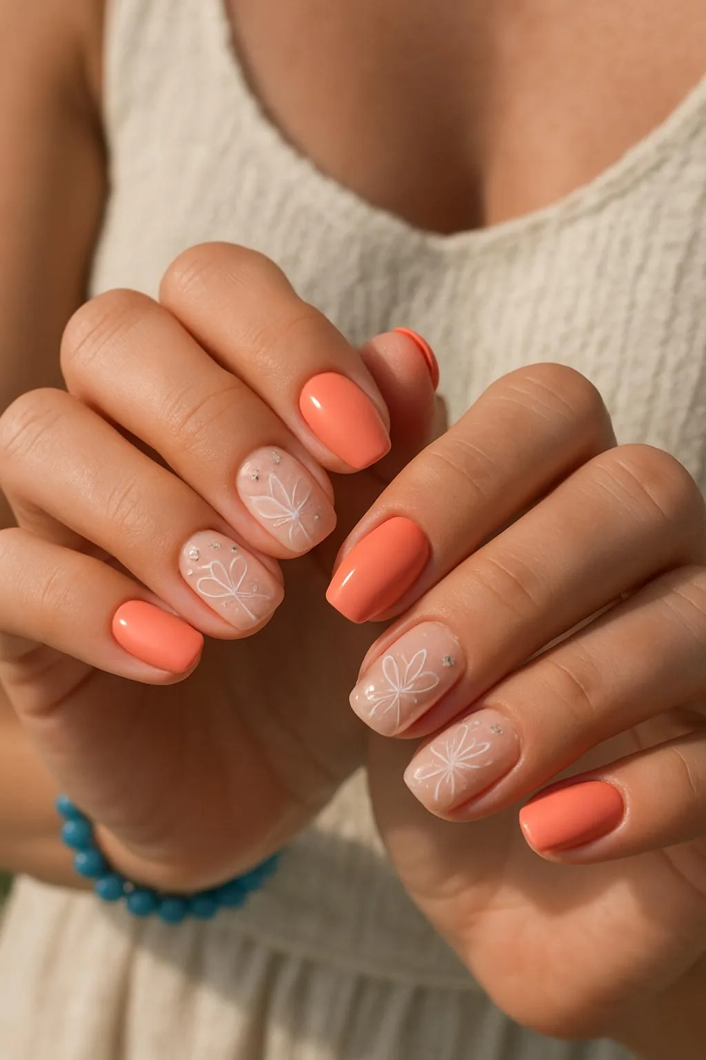 Coral nails with dainty white floral accents