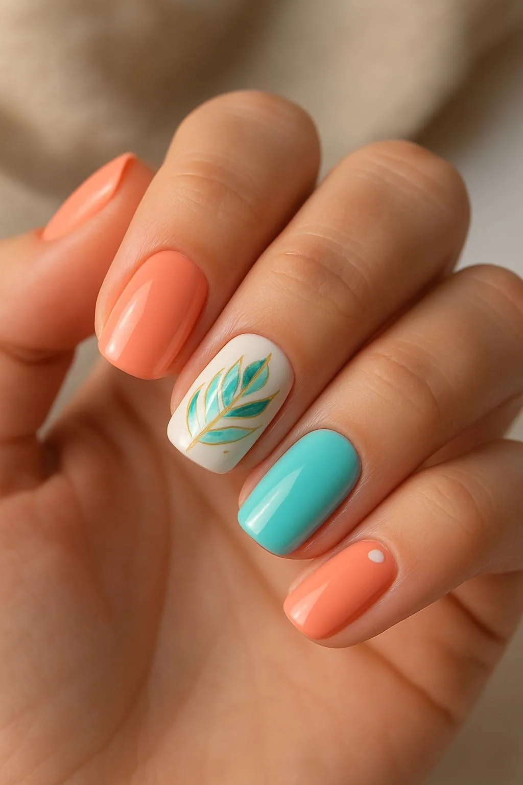 Hand with aqua, peach, and white nails featuring a gold-outlined leaf accent