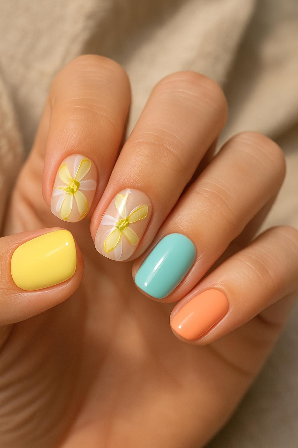 Up close woman casual summer nail art with pastel yellow soft peach and light aqua blue features include alternating solid peach and aqua nails