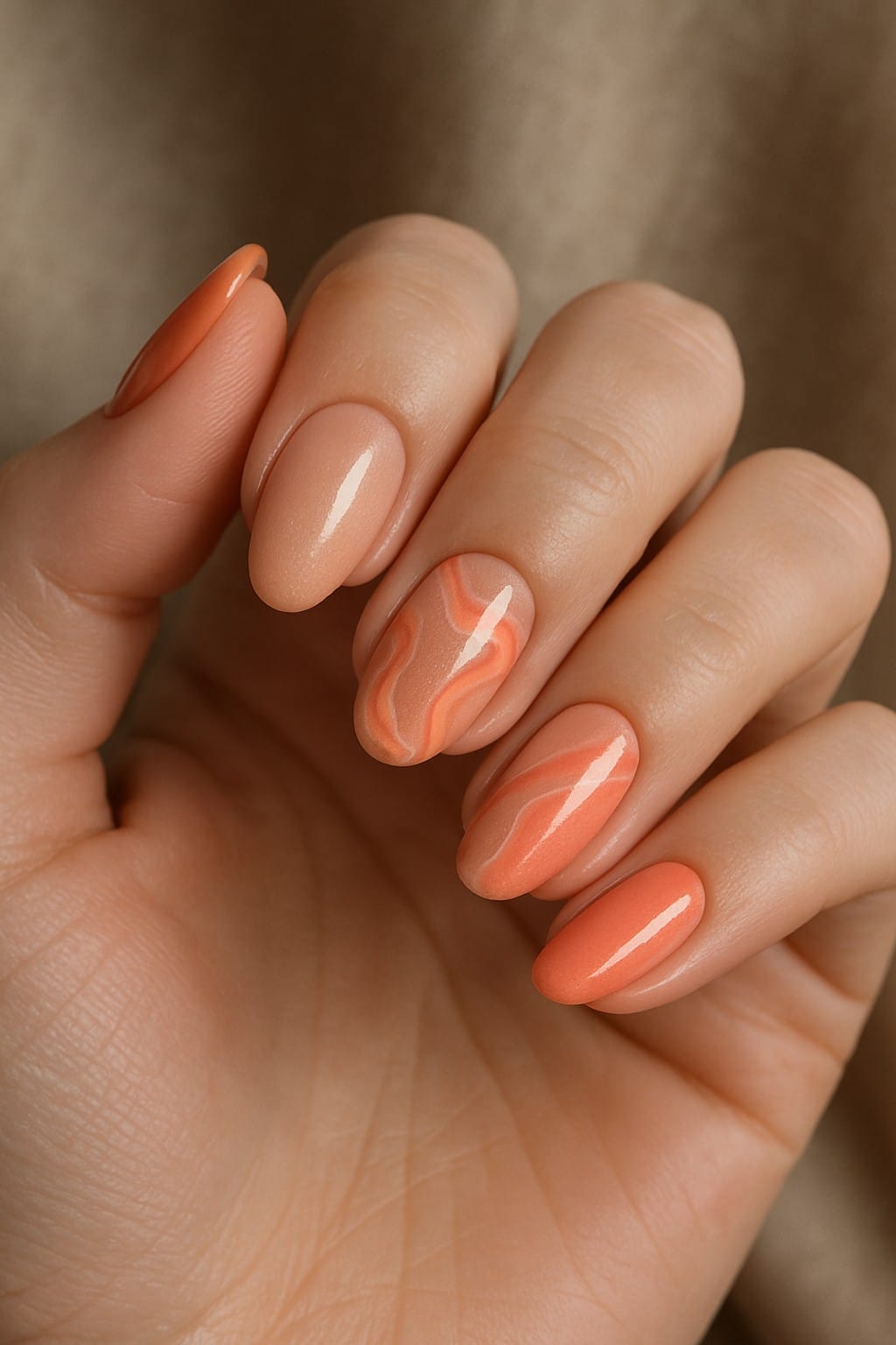 Peach and coral abstract swirl nails