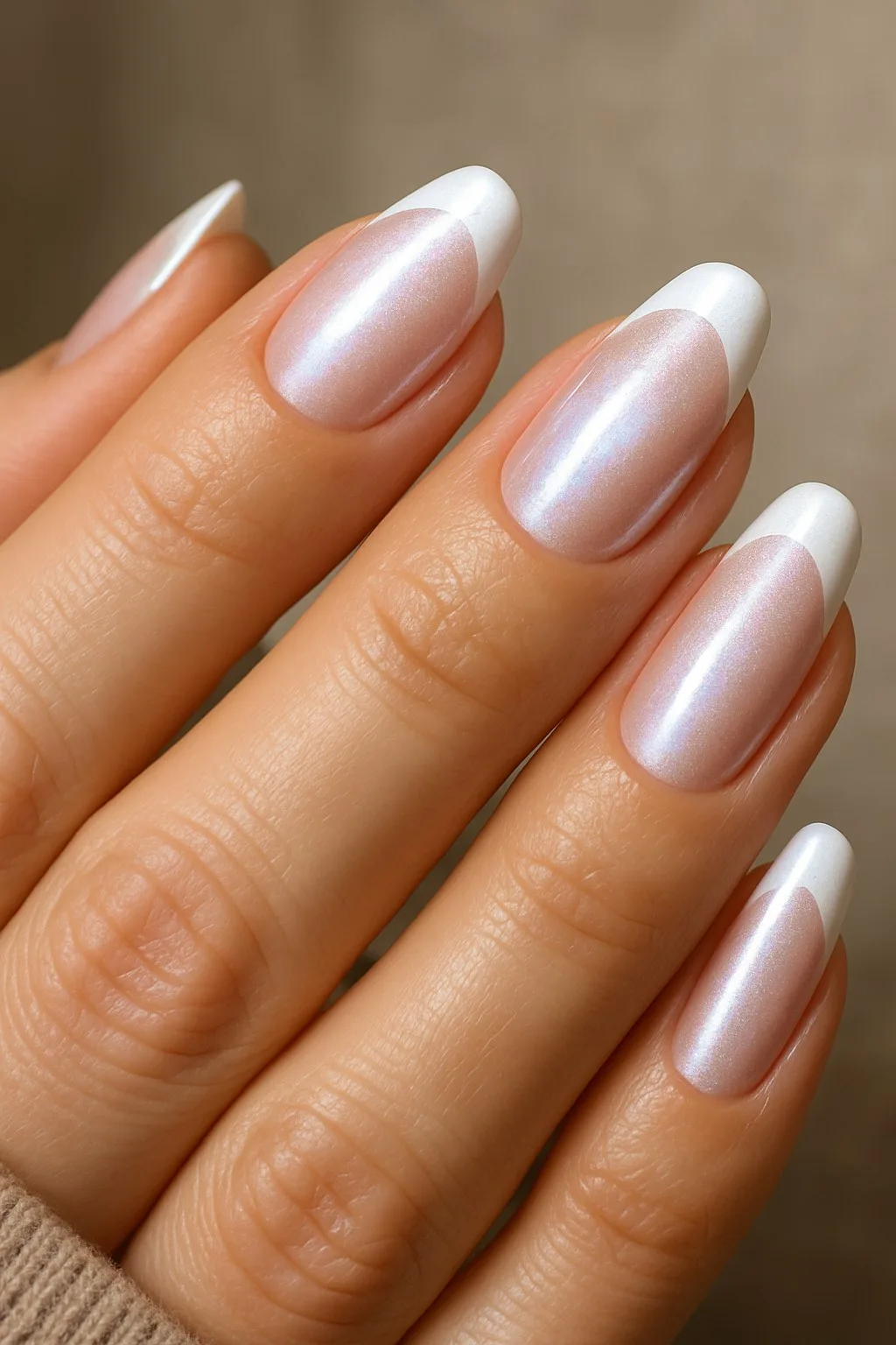 Shimmery pearl nails with white crescent tips