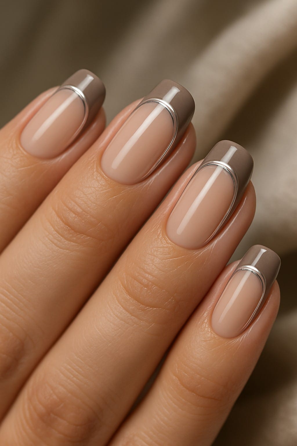 Beige nails with taupe tips and metallic silver accent lines