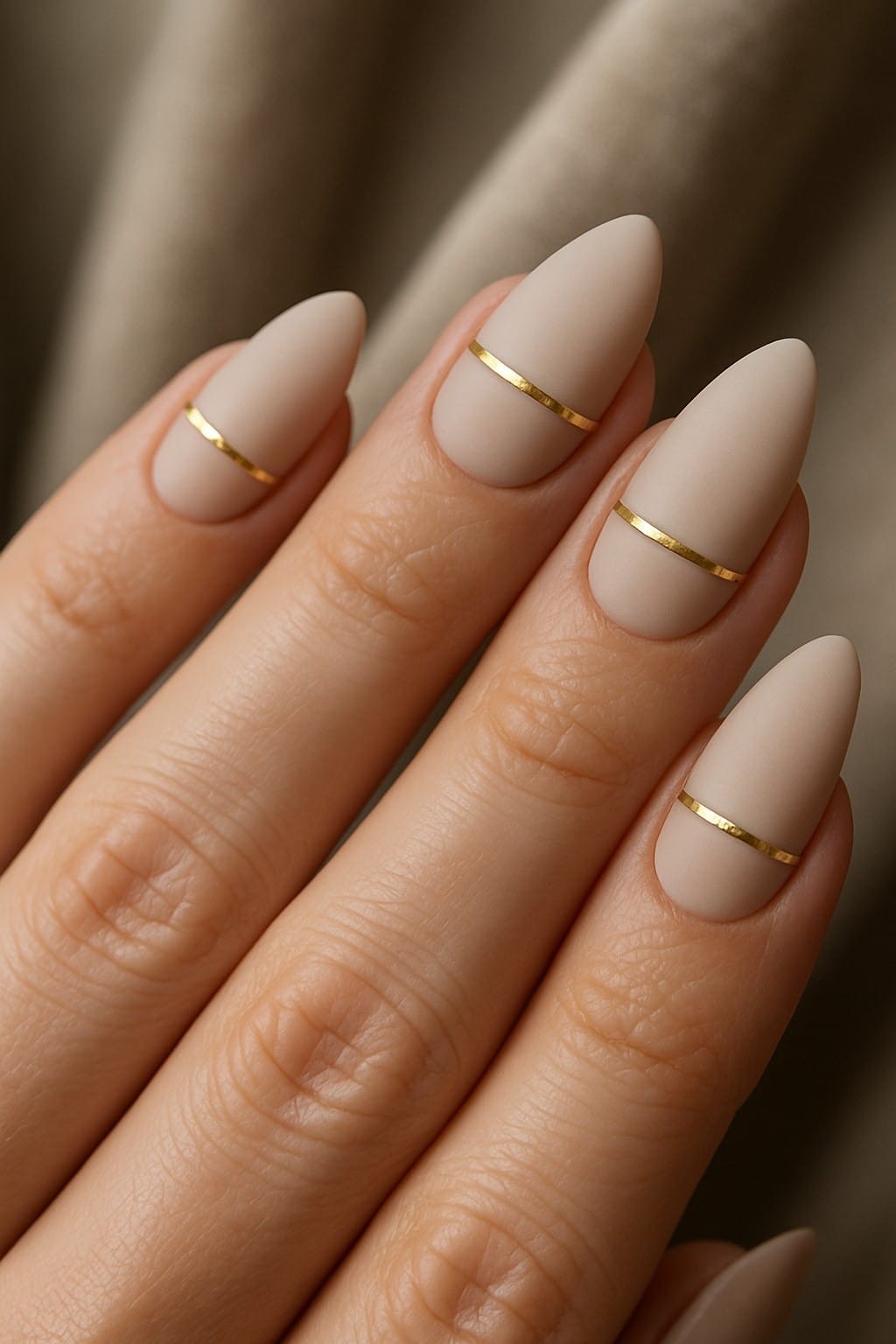 Matte nude nails with thin gold strip accents