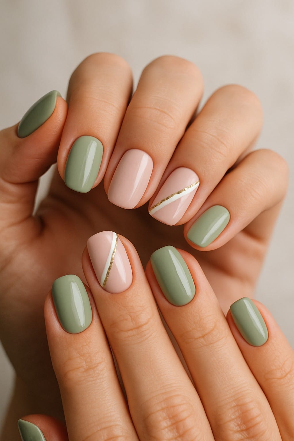 Olive green and nude pink nails with gold diagonal stripes