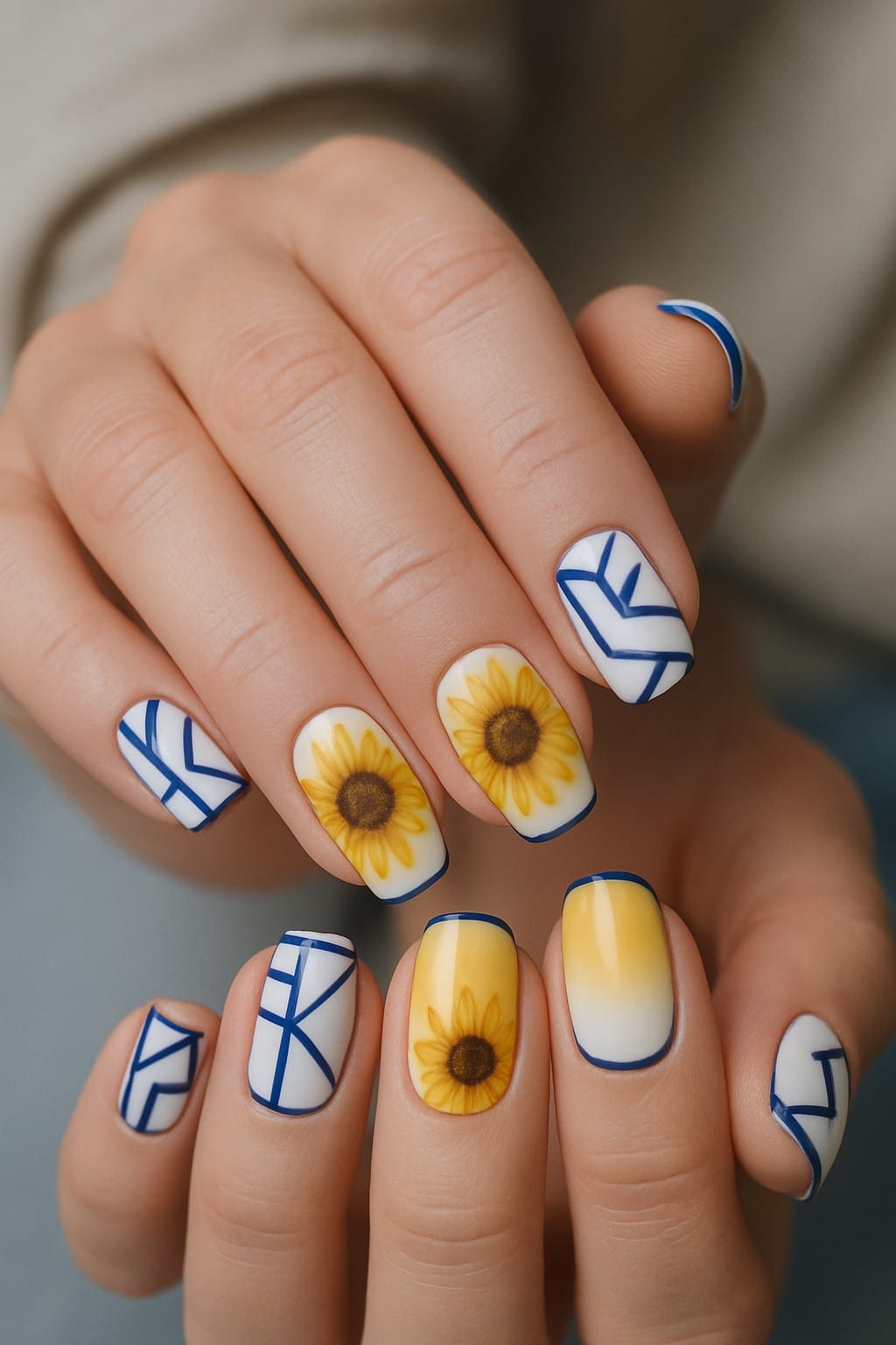 Yellow sunflowers and geometric blue lines on white and yellow nails