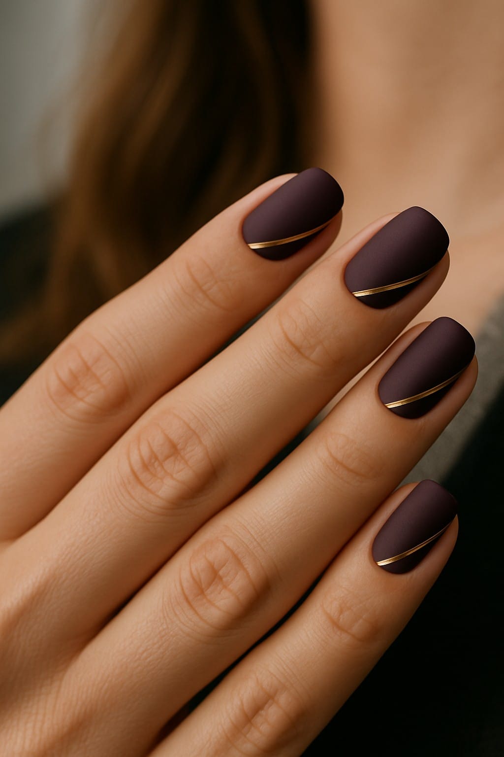Deep matte purple nails with a single gold diagonal stripe