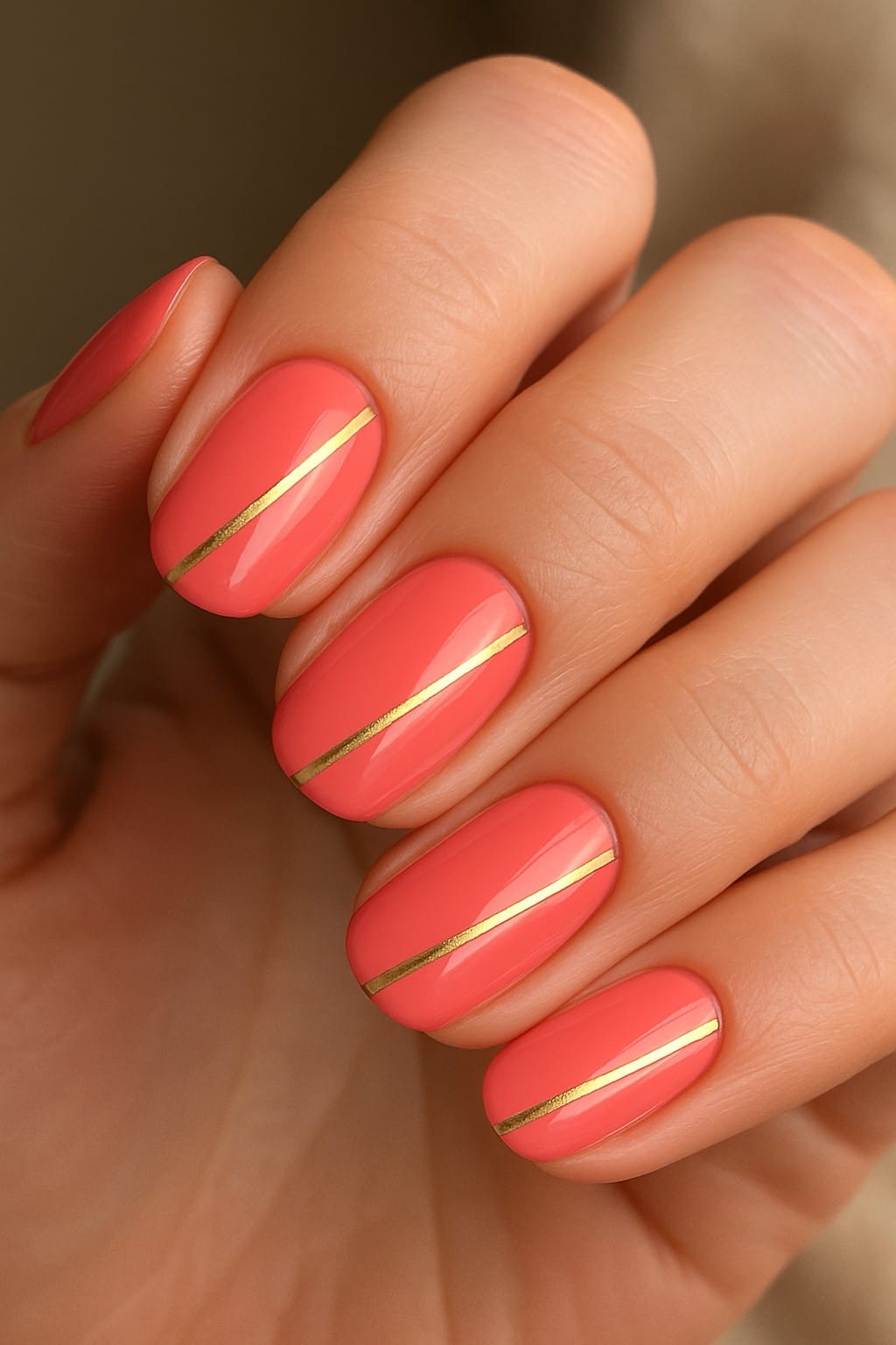 Coral nails with a single thin gold diagonal stripe