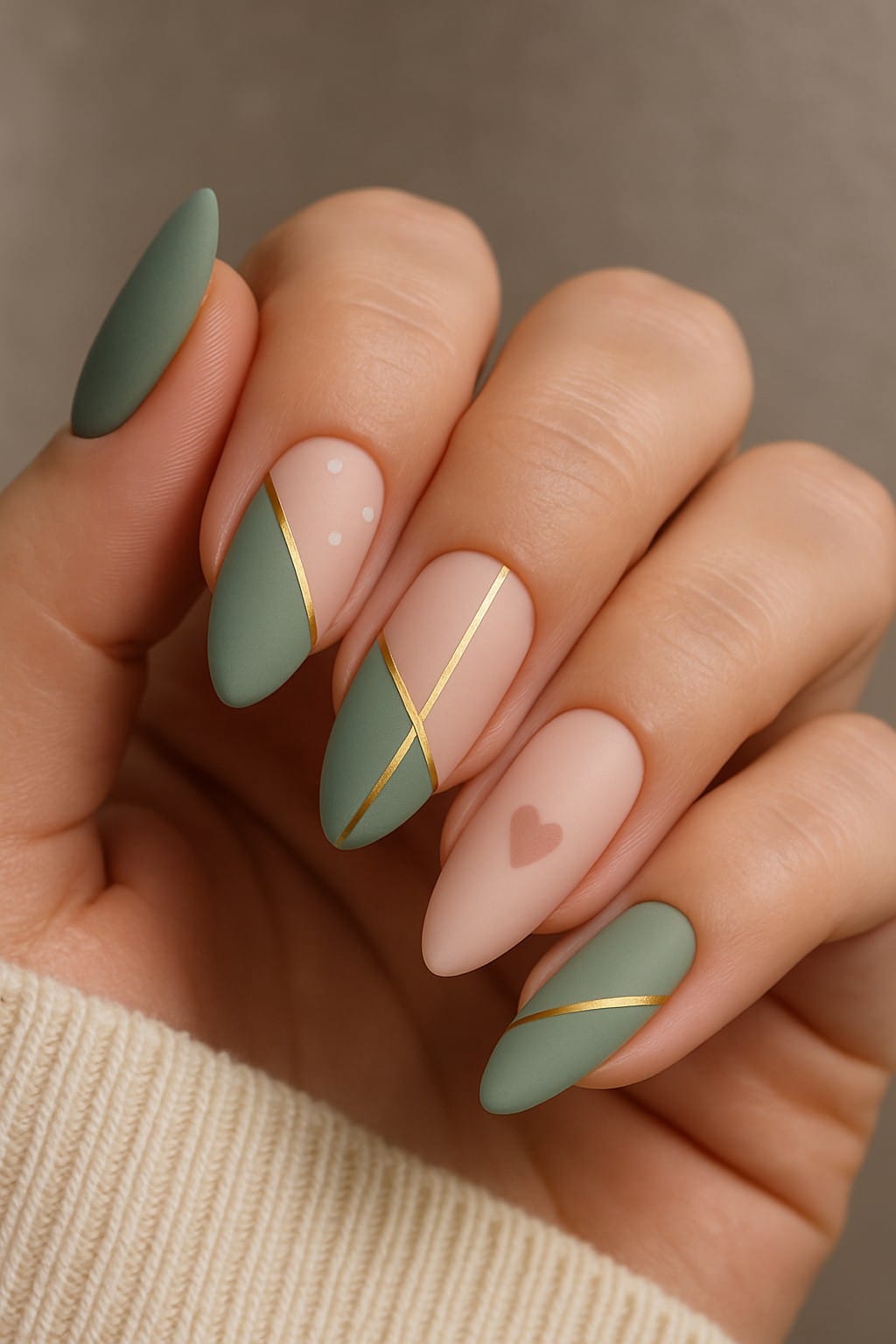 Matte sage green and blush nails with gold diagonal stripes and minimalist accents