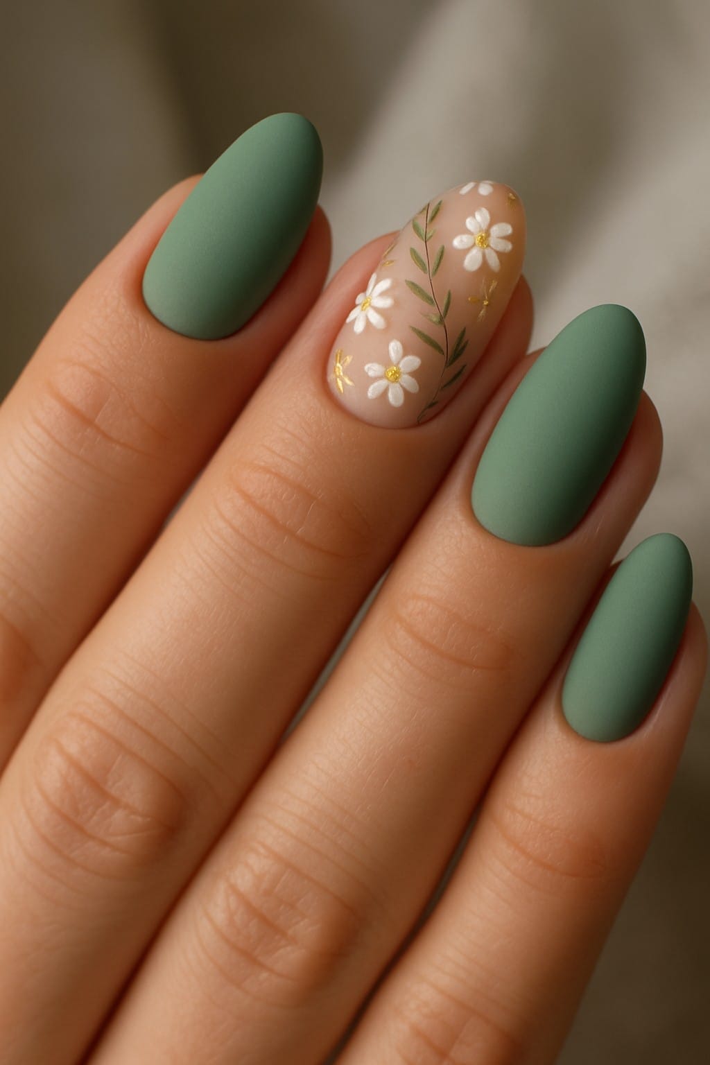 Matte green nails with one daisy accent nail