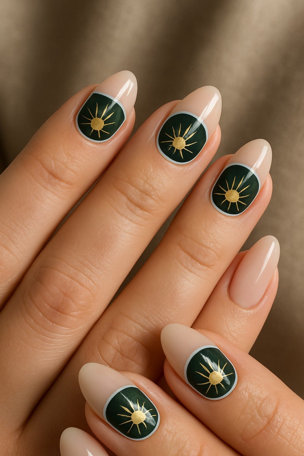 Glossy nude nails with deep green half-moons and gold sun designs