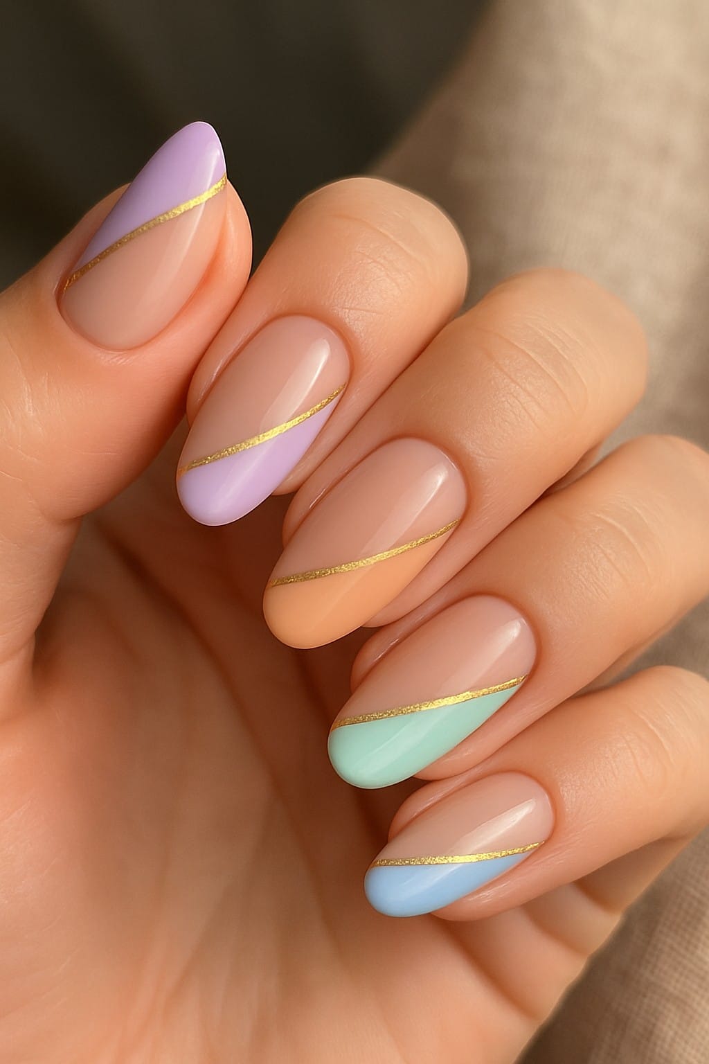 Pastel diagonal nail tips with thin gold lines on a neutral base