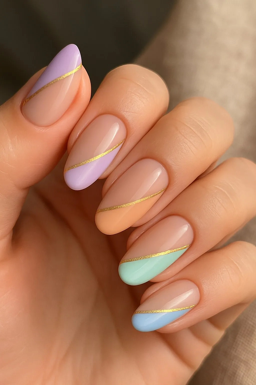 Pastel diagonal nail tips with thin gold lines on a neutral base