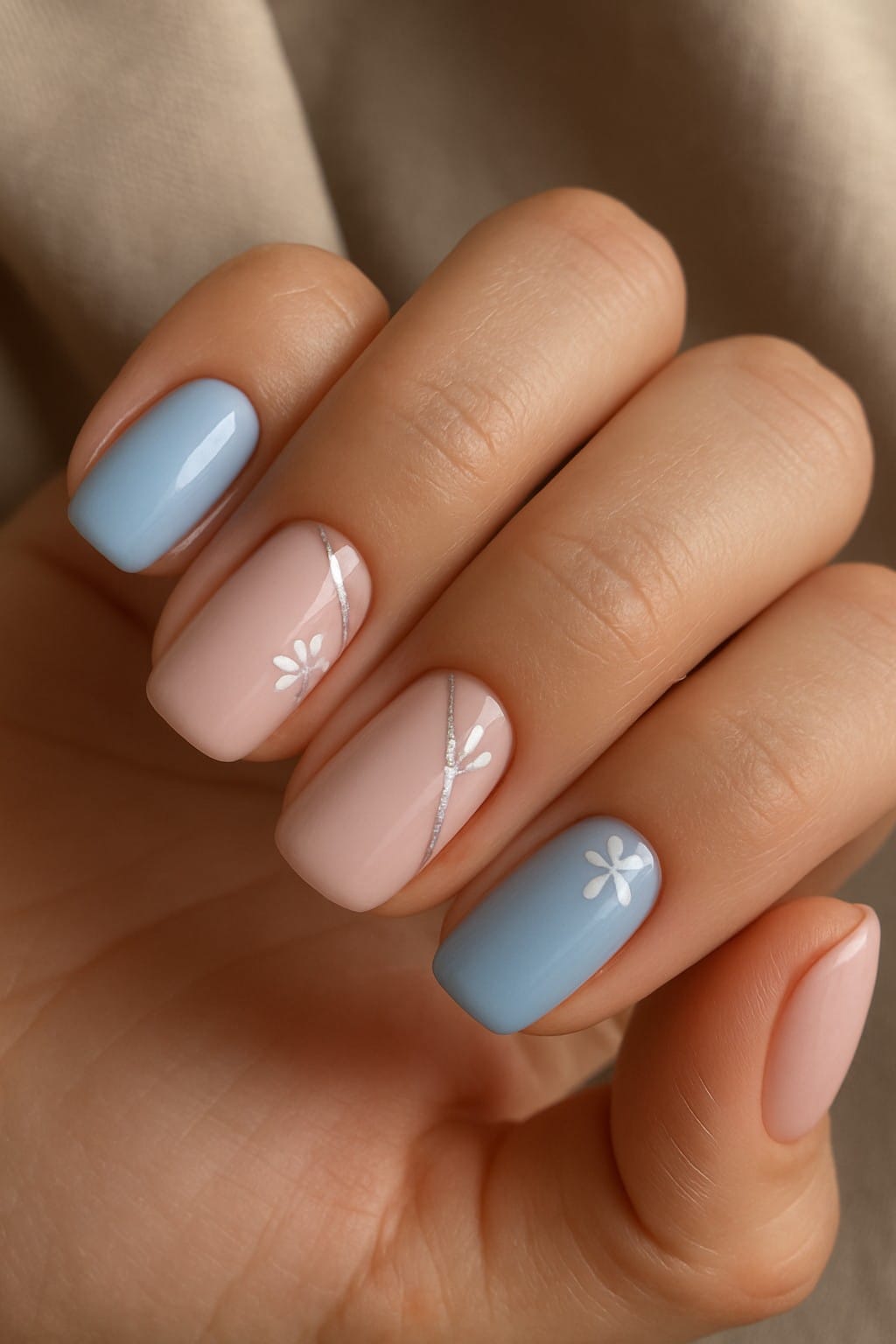 Soft pink and blue nails with white floral accents and thin silver lines