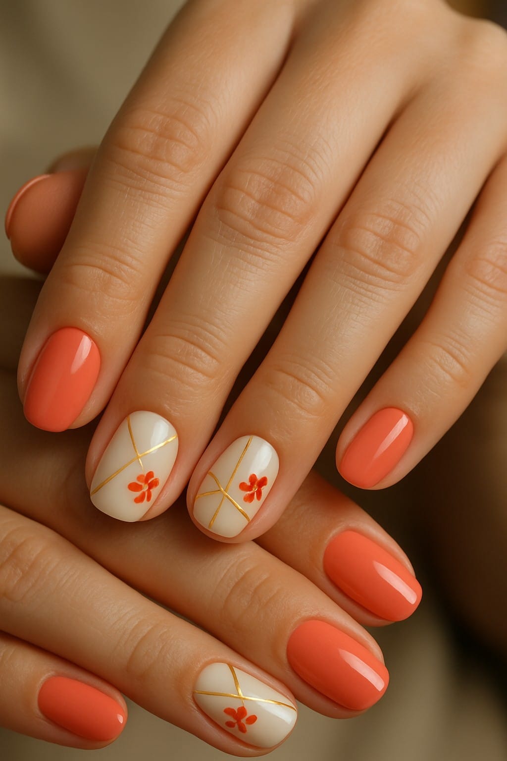 Coral and white nails with gold lines and tiny orange flowers