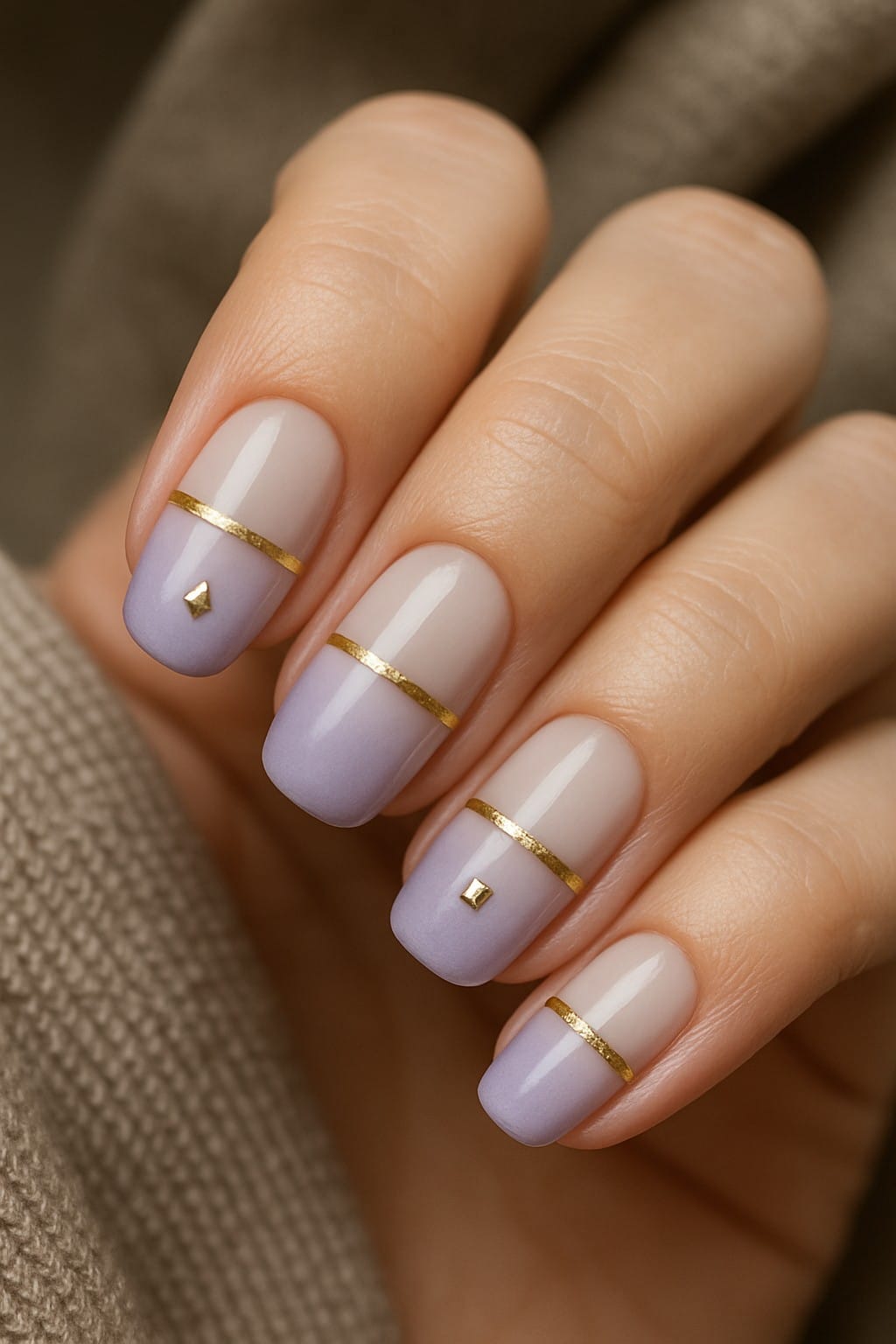 Pastel purple ombré nails with golden stripes and tiny studs