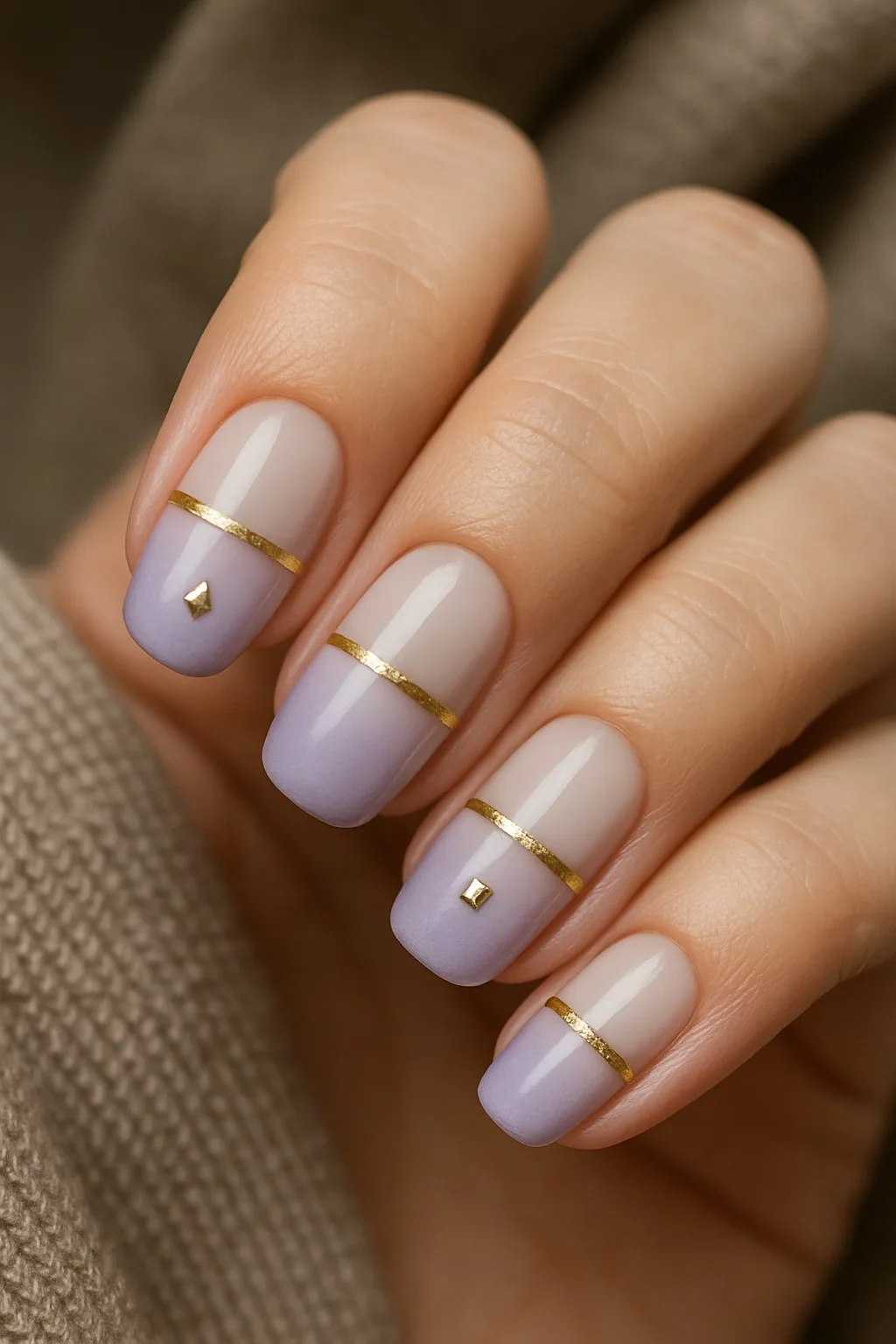 Pastel purple ombré nails with golden stripes and tiny studs