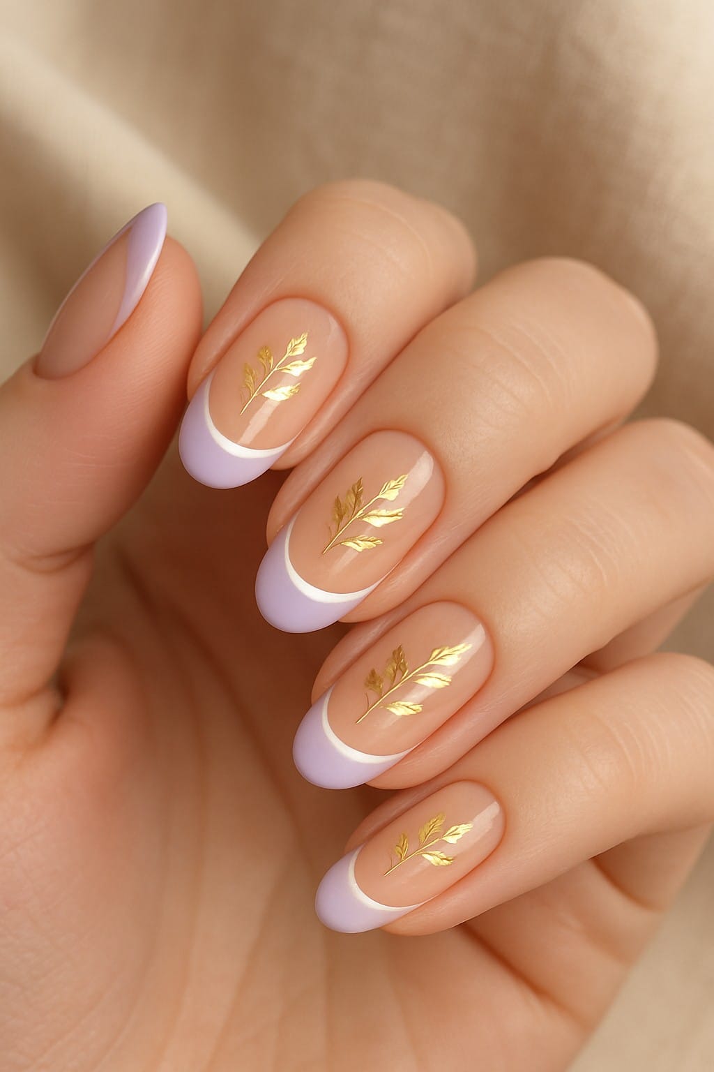 Pale purple French tip nails with gold leaf design