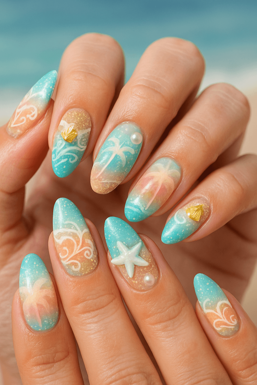 Blue and sand pastel nails with seashells, palm trees, pearls, and a starfish