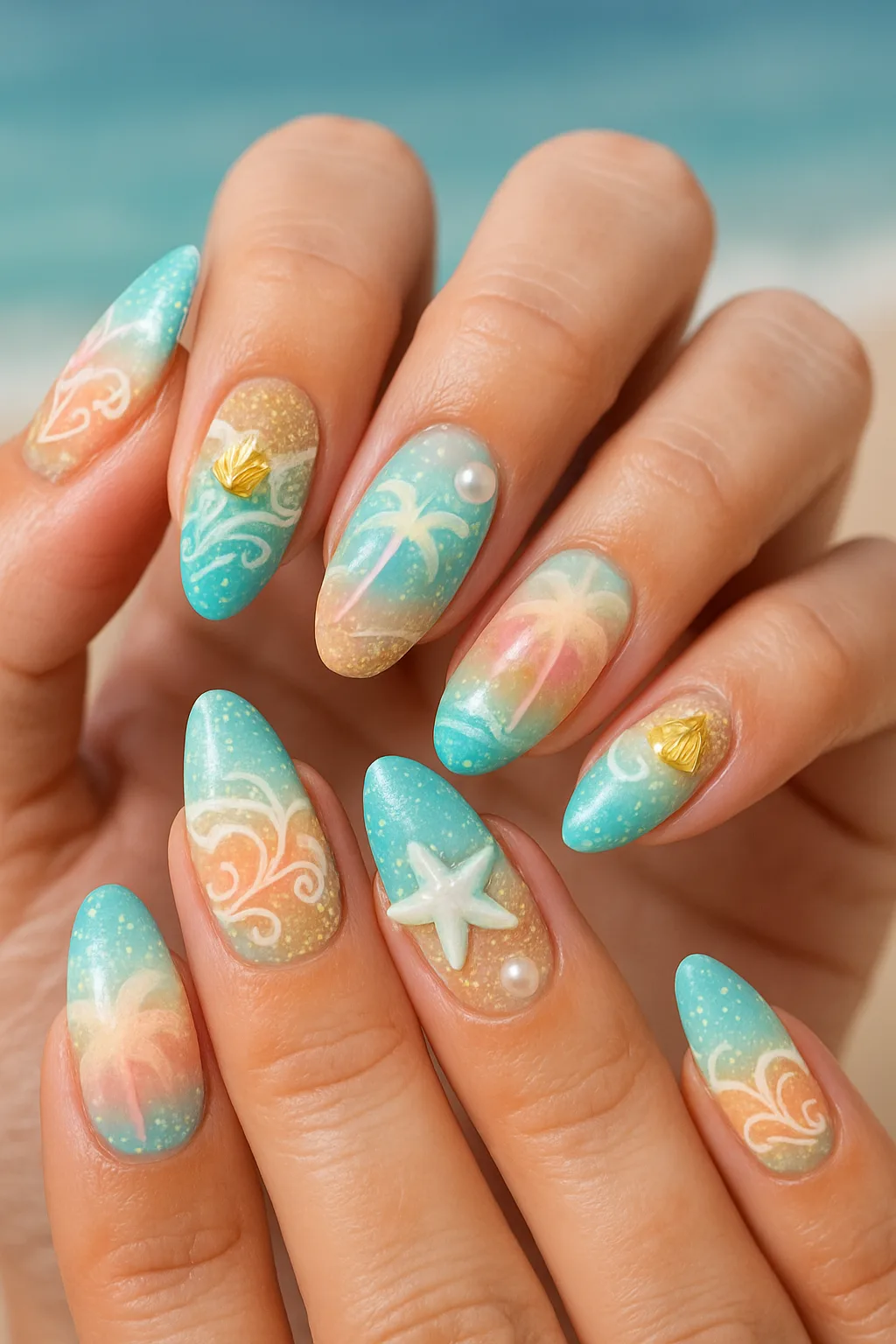 Blue and sand pastel nails with seashells, palm trees, pearls, and a starfish