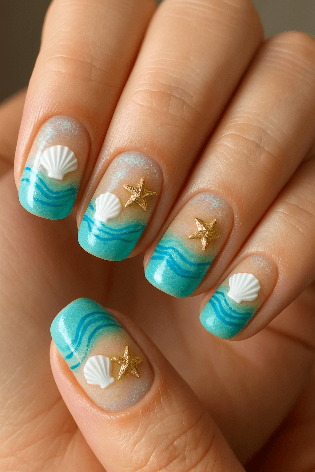 Aqua beach nails with shell and star charms