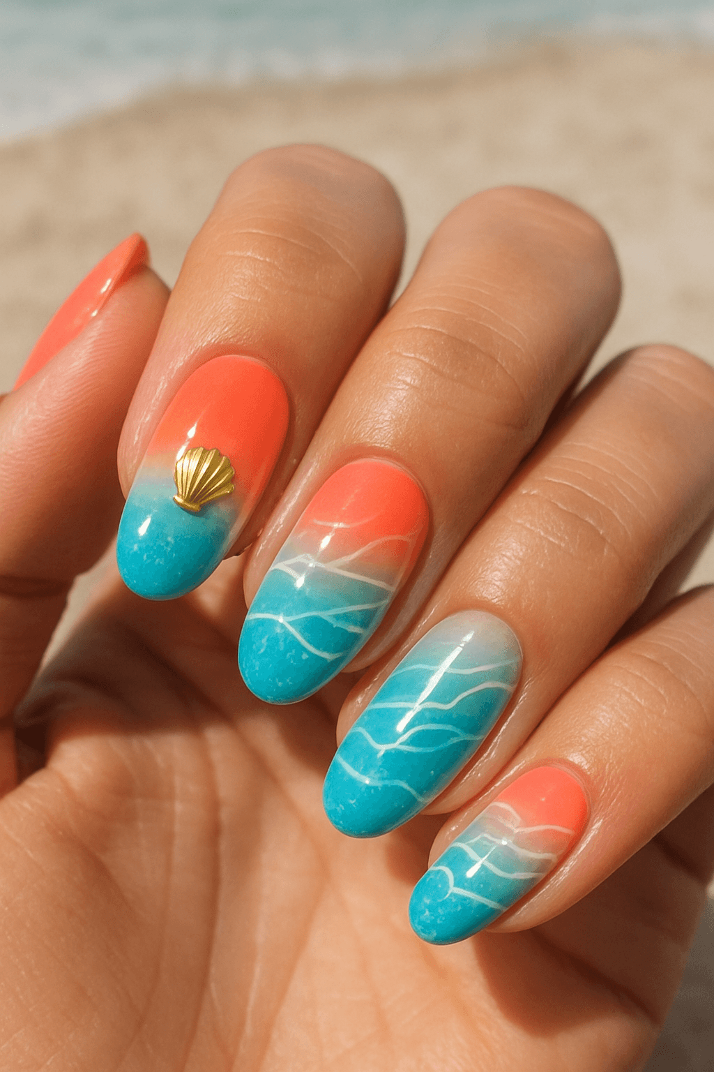 Beach-inspired aqua and coral ombre nails with shell charm