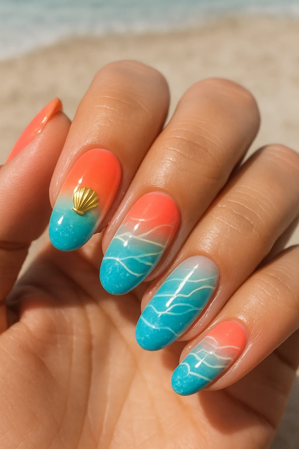 Beach-inspired aqua and coral ombre nails with shell charm