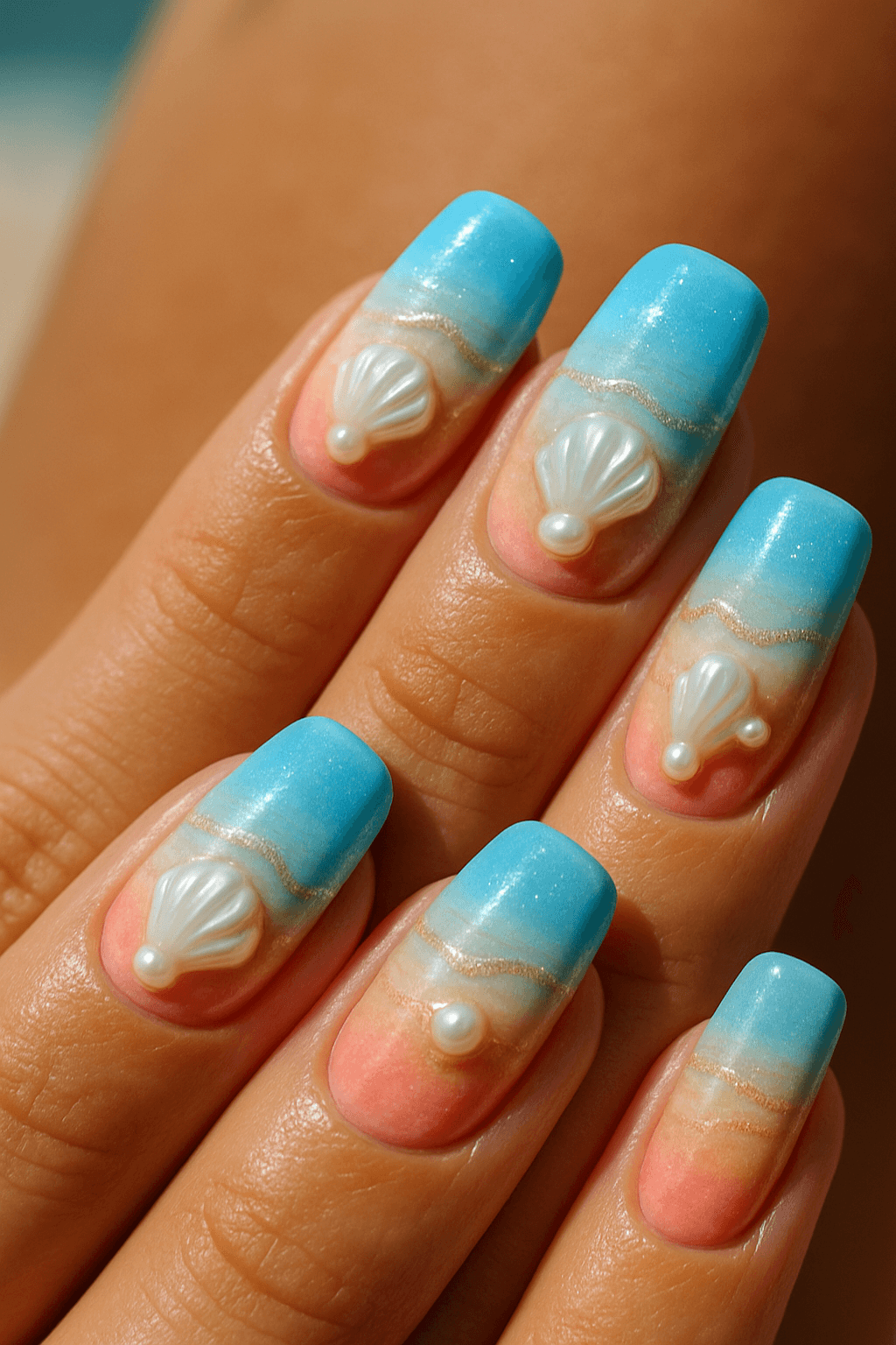 Blue ombre nails with seashell and pearl accents