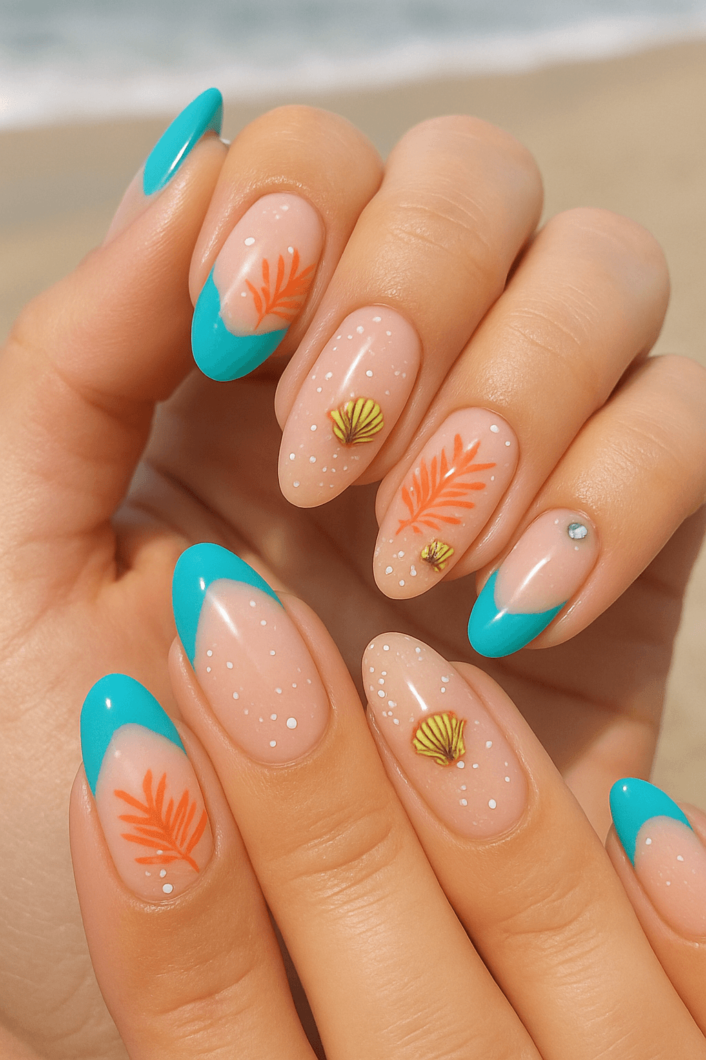 Blue tips, orange leaves, and tiny shell accents on almond nails