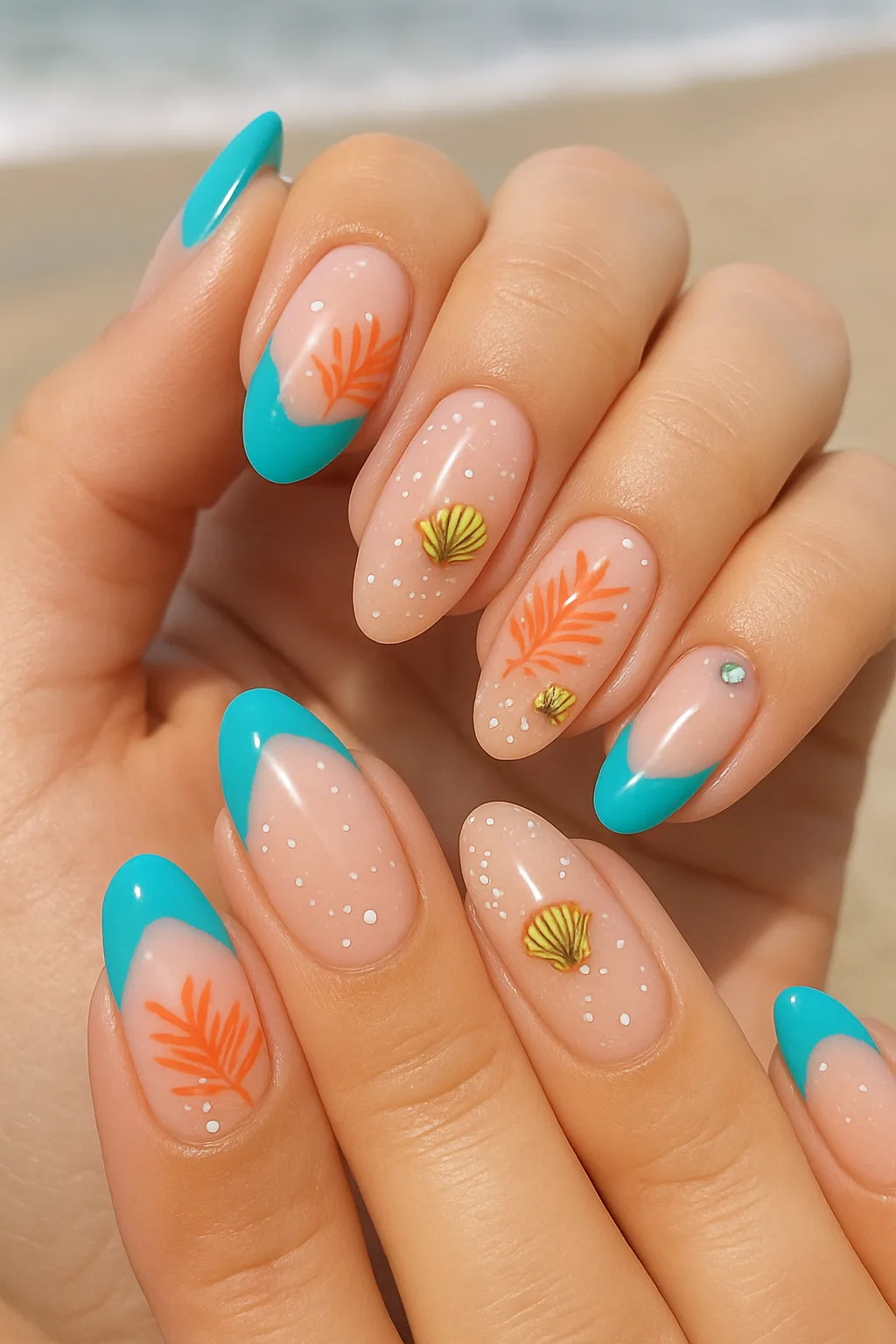 Blue tips, orange leaves, and tiny shell accents on almond nails