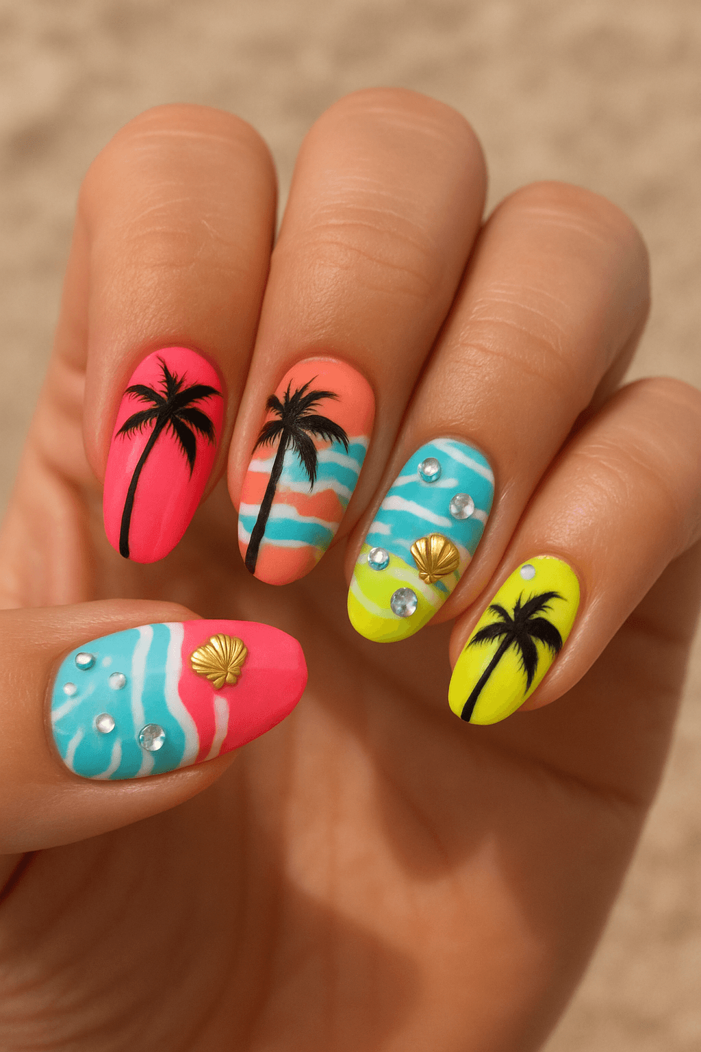 Neon beach nails with palm trees, shells, and rhinestones
