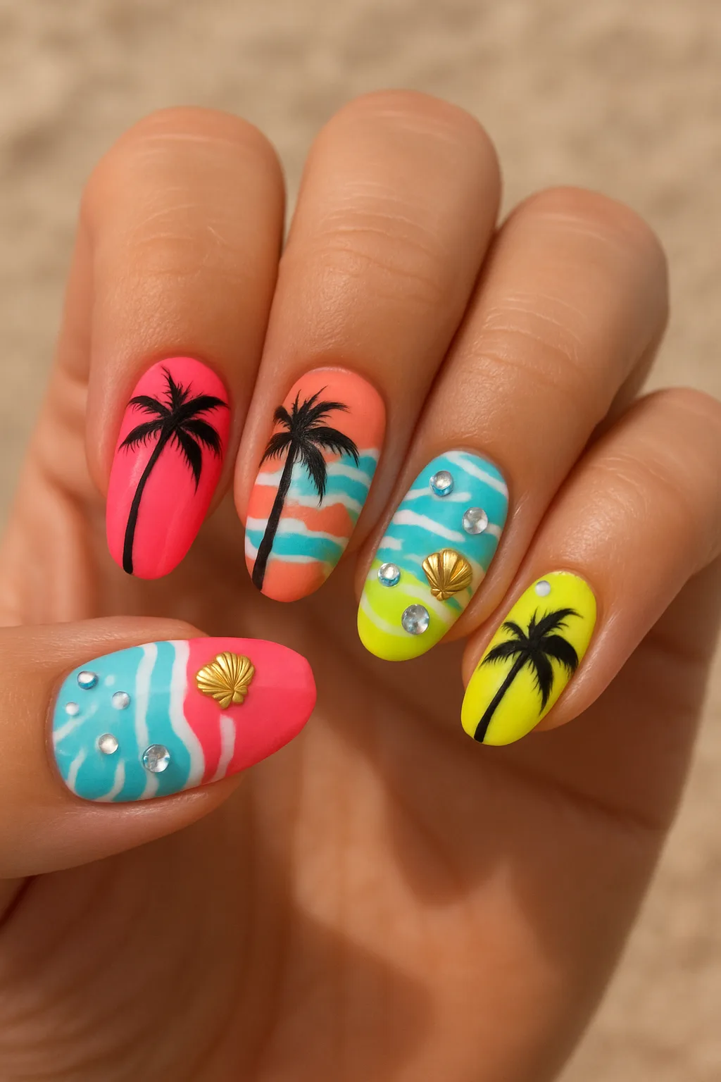 Neon beach nails with palm trees, shells, and rhinestones
