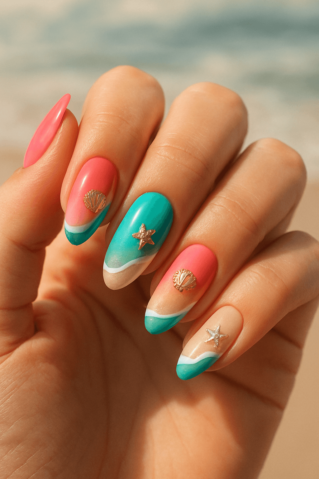 Beach-themed nail art with turquoise, coral pink, gold shells, and silver starfish