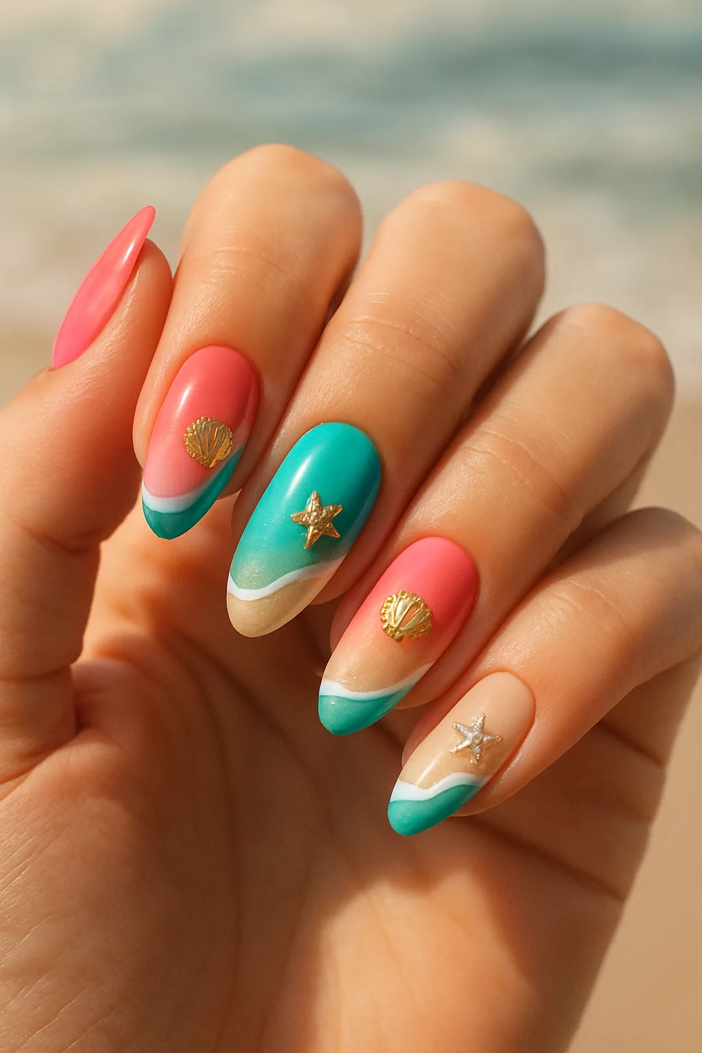 Beach-themed nail art with turquoise, coral pink, gold shells, and silver starfish