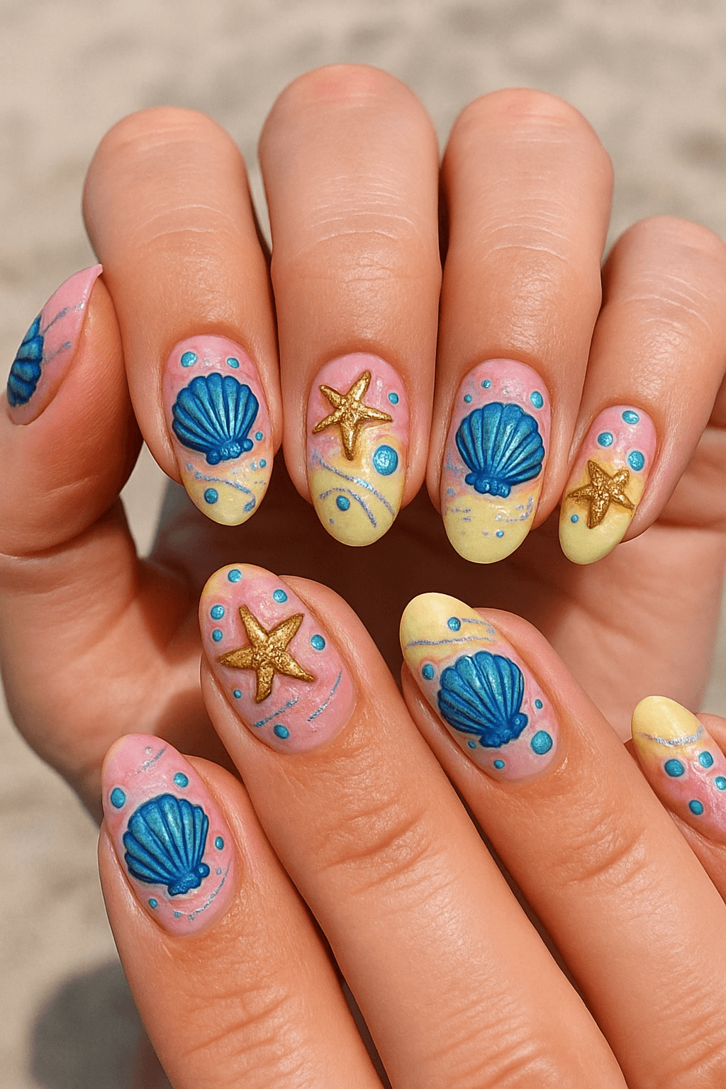 Colorful nails with blue seashells and gold starfish