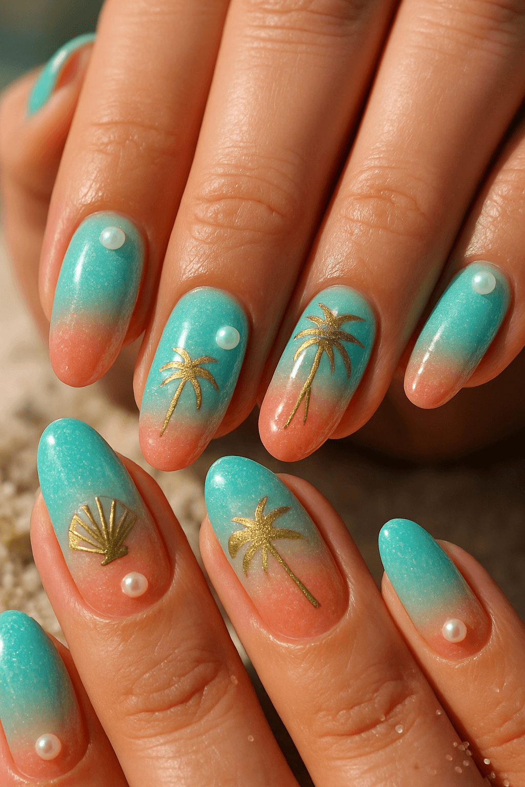 Turquoise ombre nails with gold palm trees, seashells, and pearls