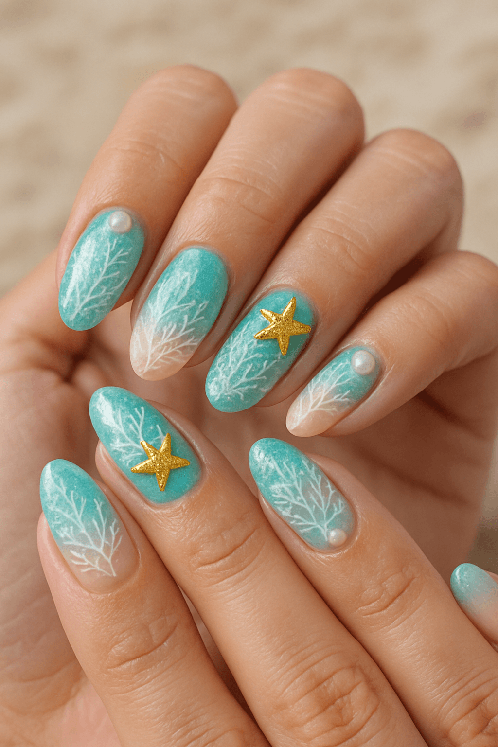 Turquoise nails with white coral, pearls, and gold starfish charms