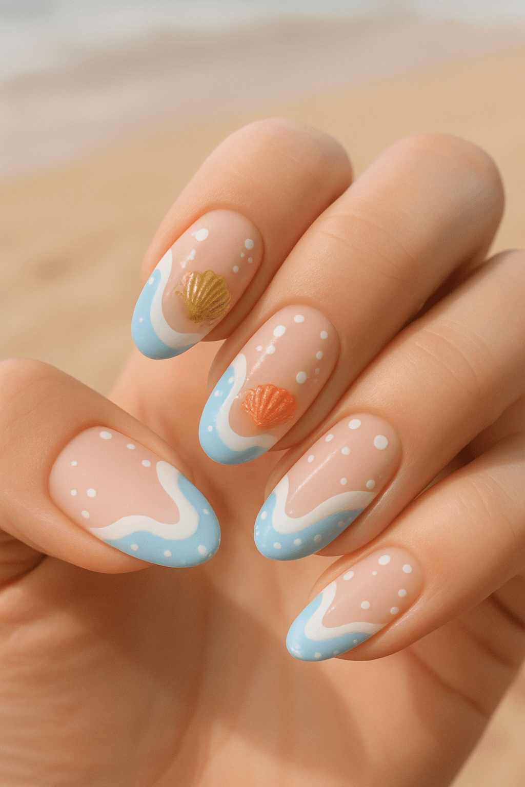 Blue and white beach-themed nails with tiny seashell accents